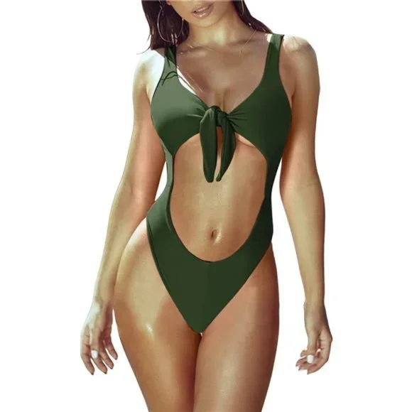 Womens One Piece Bathing Suit V Neck Tie Knot Cut Out Backless Swimwear - Picture 3 of 5